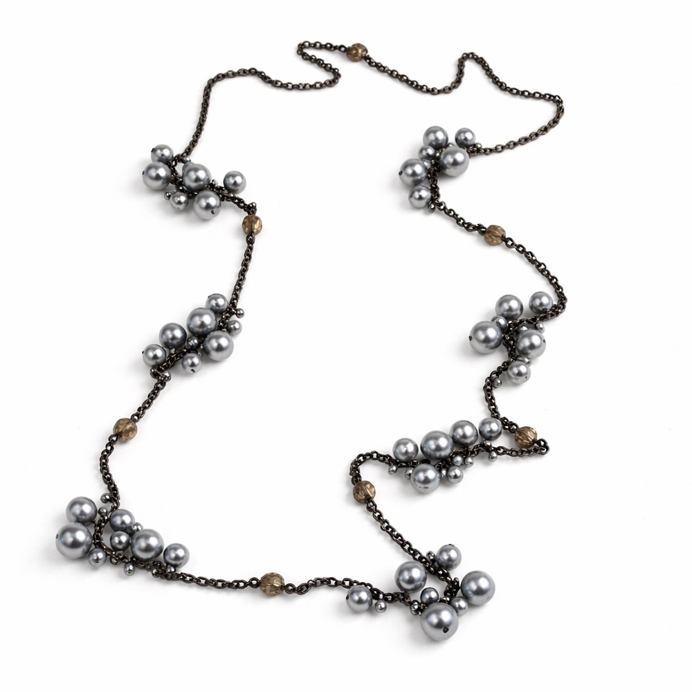 Gray Faux Pearl Cluster Gunmetal Chain Necklace